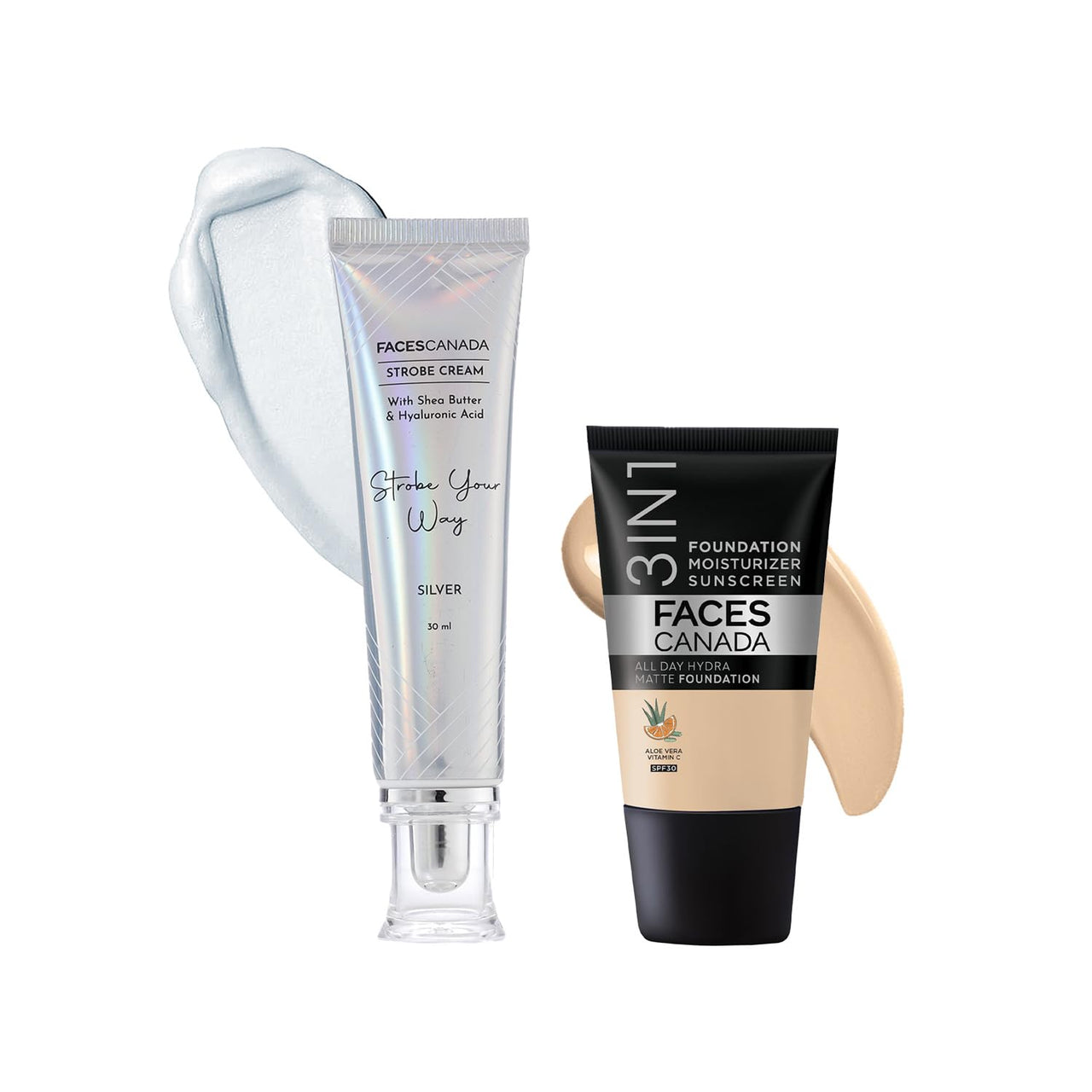 FACES CANADA Celeb Glow Kit | Silver Strobe Cream (30ml) + Absolute Ivory All Day Hydra Matte Mini Foundation (18ml) | Makeup Kit For Women (Combo Pack of 2)