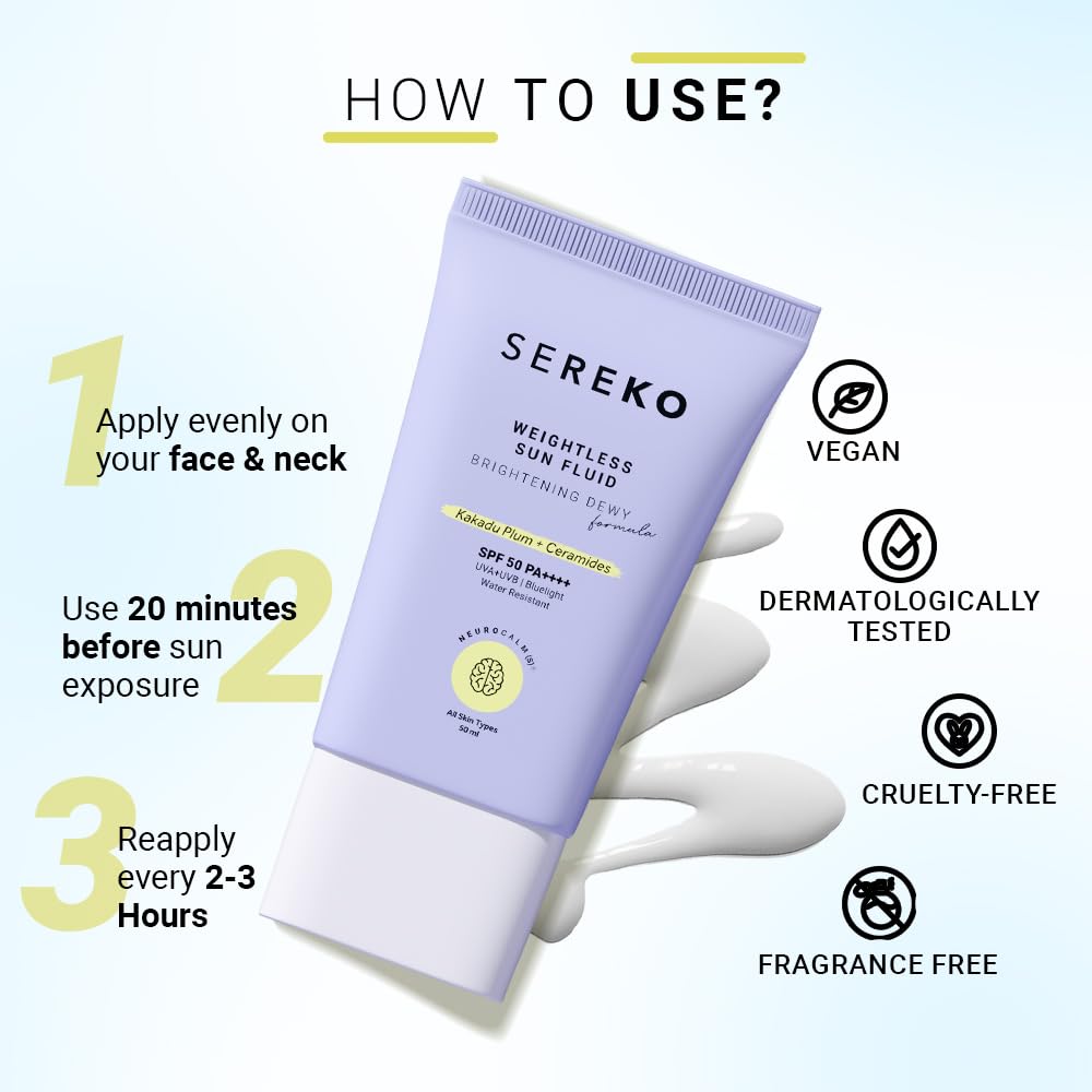 SEREKO Weightless Sun Fluid Sunscreen SPF50 PA++++, with Kakadu Plum & Ceramides powered by Hybrid UV Filters | Lightweight Matte | Water Resistant, No white Cast | All Skin Types 50ml