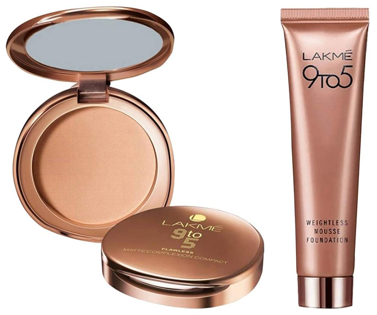 Lakmé Full Coverage 9 to 5 Flawless Matte Complexion Compact For Combination Skin Type, Almond, 8g And Lakmé 9 to 5 Weightless Mousse Foundation, Beige Caramel, 25g