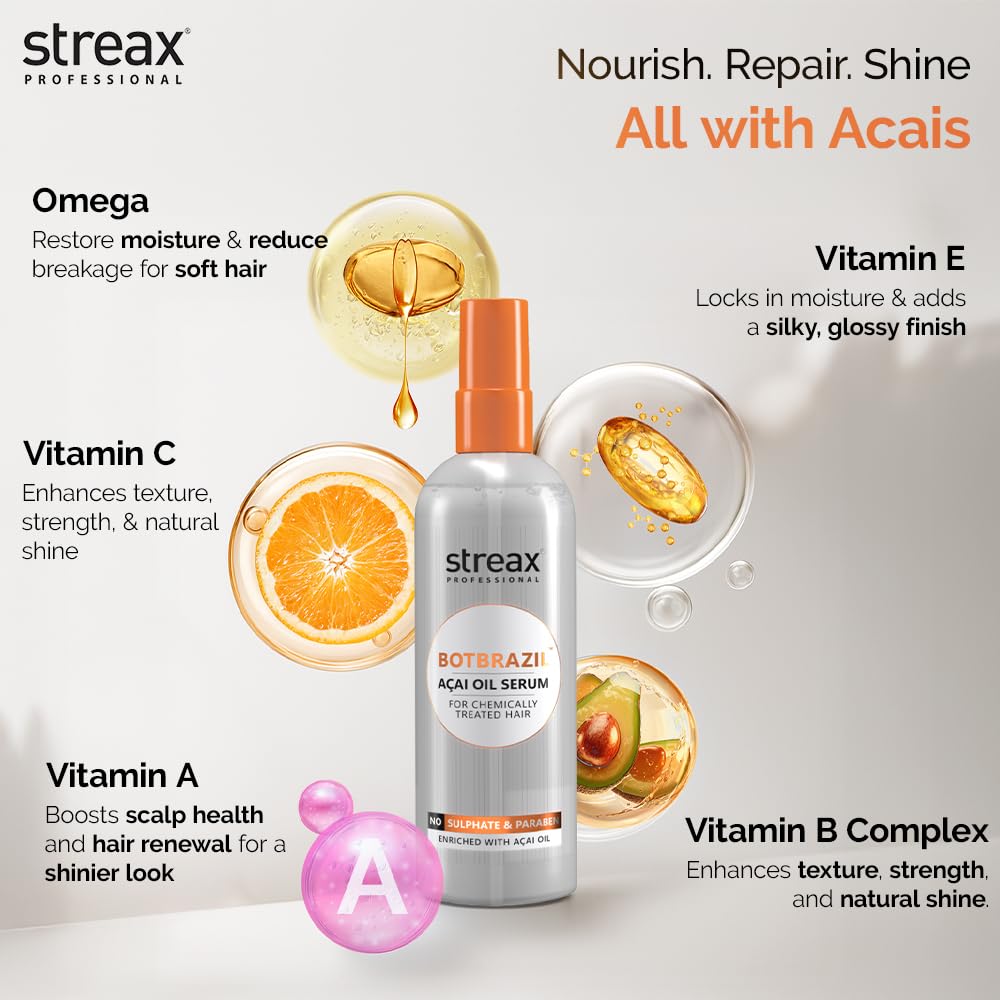 Streax Professional BotBrazil Acai Oil Serum,100ml for Chemically Treated Hair- Keratin, Botox, Nanoplasty, & Smoothening which helps to control frizzy hair, dry hair |Hair serum for Women & Men
