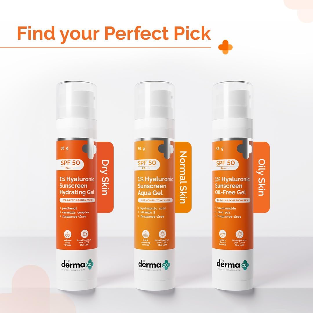 The Derma Co 1% Hyaluronic Sunscreen Aqua Gel SPF 50 PA++++ | For Oily, Dry, Acne-prone Skin | Ultra Lightweight Texture | Non-Greasy | No White Cast | Broad Spectrum Protection & Blue Light Protection | For Men & Women | 50 g
