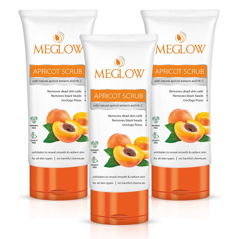 Meglow Apricot Scrub 70g Each, Pack of 3 – Paraben Free Formula || Enriched with Natural Apricot Extracts, Vitamin E and Aloe Vera Extract || Remove Dead Skin Cells || All Skin Type || Helps to Make Skin Smooth and Radiant