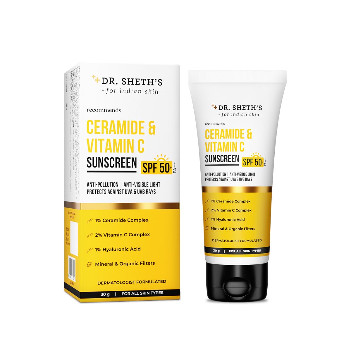 Dr. Sheth's Ceramide & Vitamin C Sunscreen | SPF 50+ Pa+++ | In-Vivo Tested | For Bright Skin & Healthy Glow | Non-Greasy, Quick-Absorbing, No White Cast | UVA/B & Bluelight Protection | For Men & Women | For All Skin Type | 30 g
