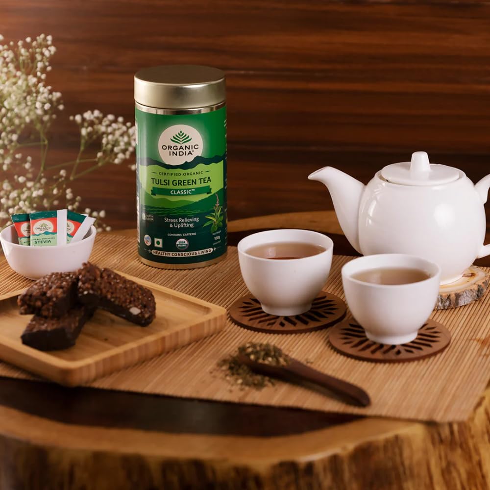 A TATA Product - Organic India Tulsi Green Tea Classic Loose Leaves - 100g, Stress Relieving, Uplifts Mood, Rich in Antioxidants, Blend of Rama, Krishna & Vana Tulsi, Certified Organic