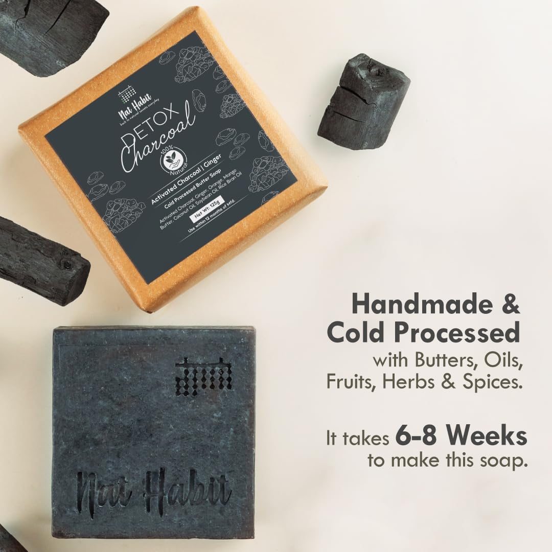 Nat Habit Brightening Milk-Rosehip & Detox Charcoal Butter Bath Soap With Cold Processed For Detoxification, Tan Removal & Skin Whitening (125g x 2, Combo)