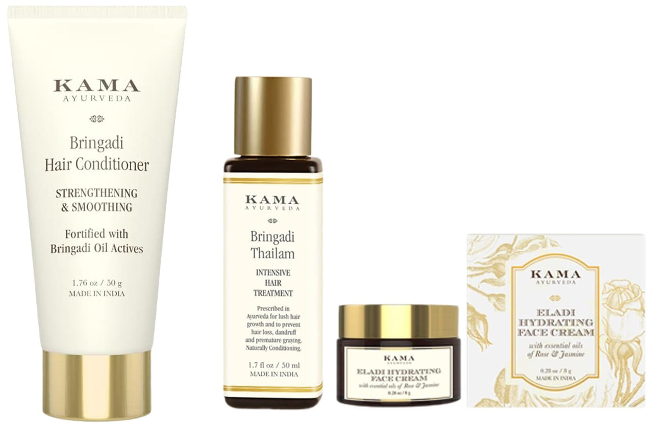 KAMA AYURVEDA ELADI HYDRATING FACE CREAM 8GM & Kama Ayurveda Bringadi Intensive Hair Treatment Oil 50ml - In & Kama Ayurveda Bringadi Hair Conditioner 50gm