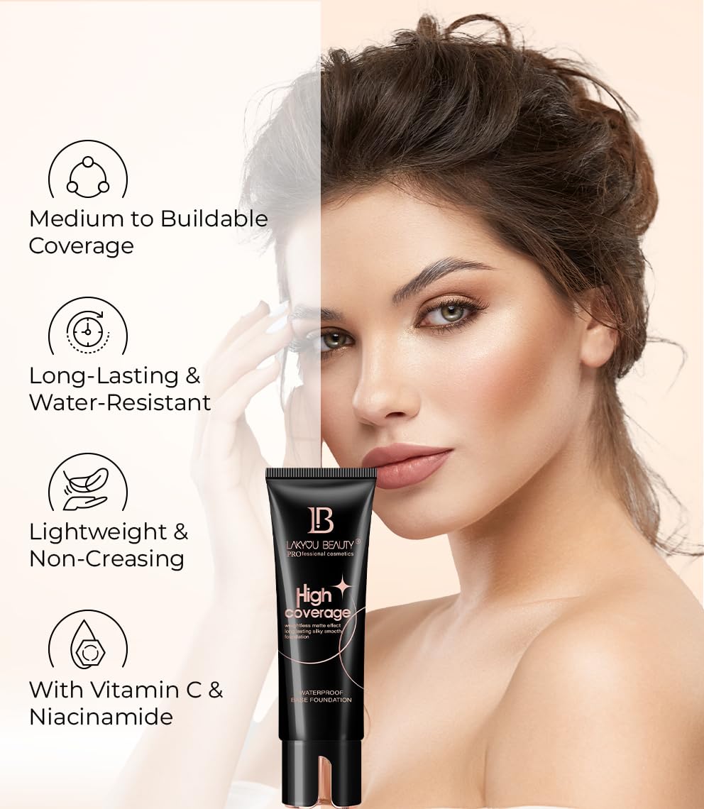 Lakyou Beauty High Coverage Foundation Cream | Waterproof Base | Light Weight | Long Lasting | Shade-02(Soft Ivory) | 160ml | Pack Of 2