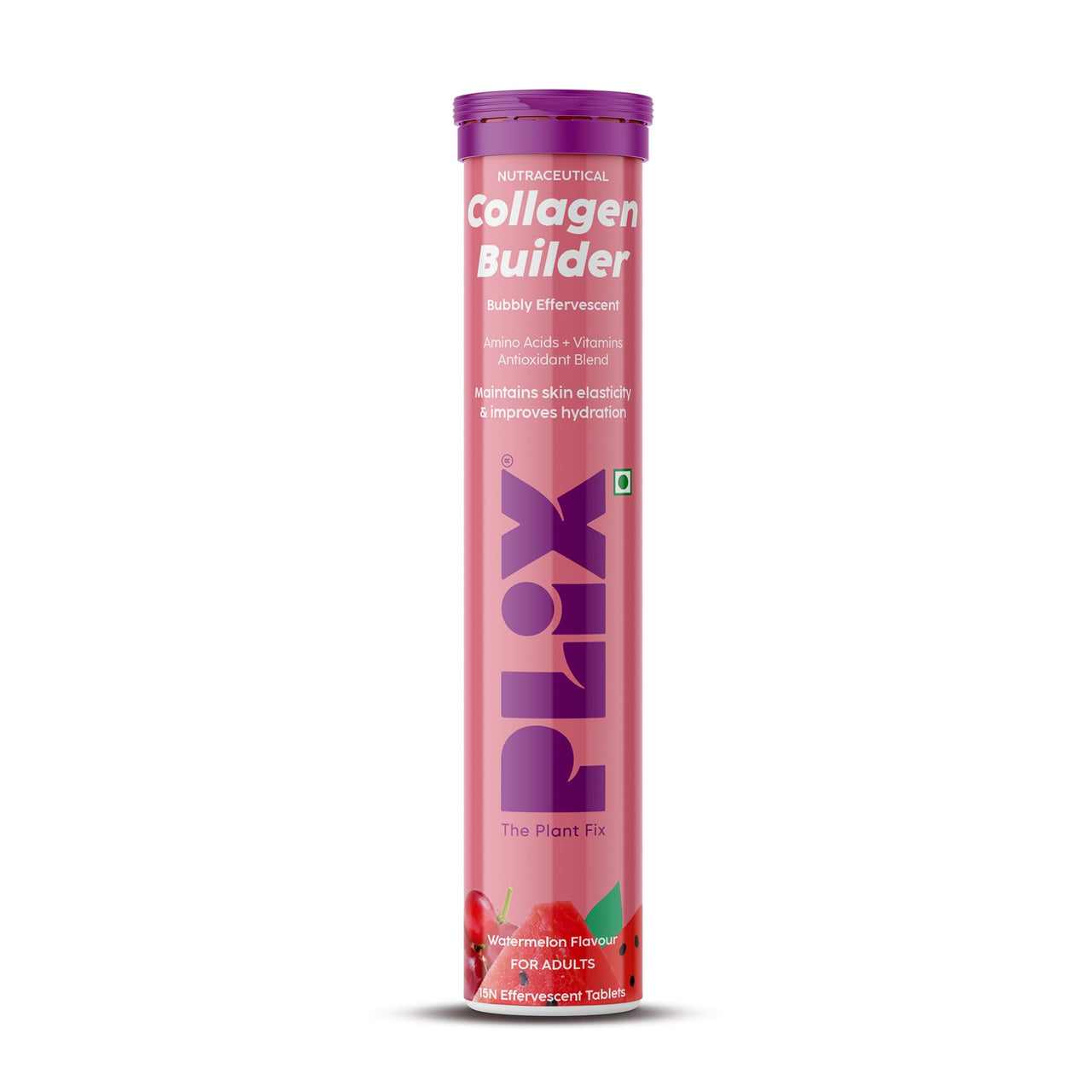 PLIX - THE PLANT FIX Collagen Builder Bubbly Effervescent - 15 Tablets (Watermelon) for Hydrated Skin & Anti-Aging | Amino Acid Blend For Collagen Production | Vitamin C & E | 100% Vegan