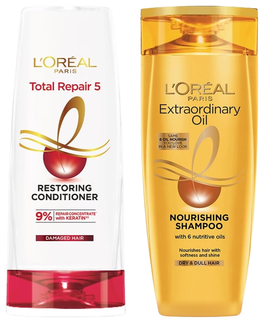 L'Oreal Paris Total Repair 5 Restoring Conditioner With Keratin XS For Damaged Hair, 386 ml & L'Oreal Paris Extraordinary Oil Nourishing Shampoo For Dry & Dull Hair, 180ml