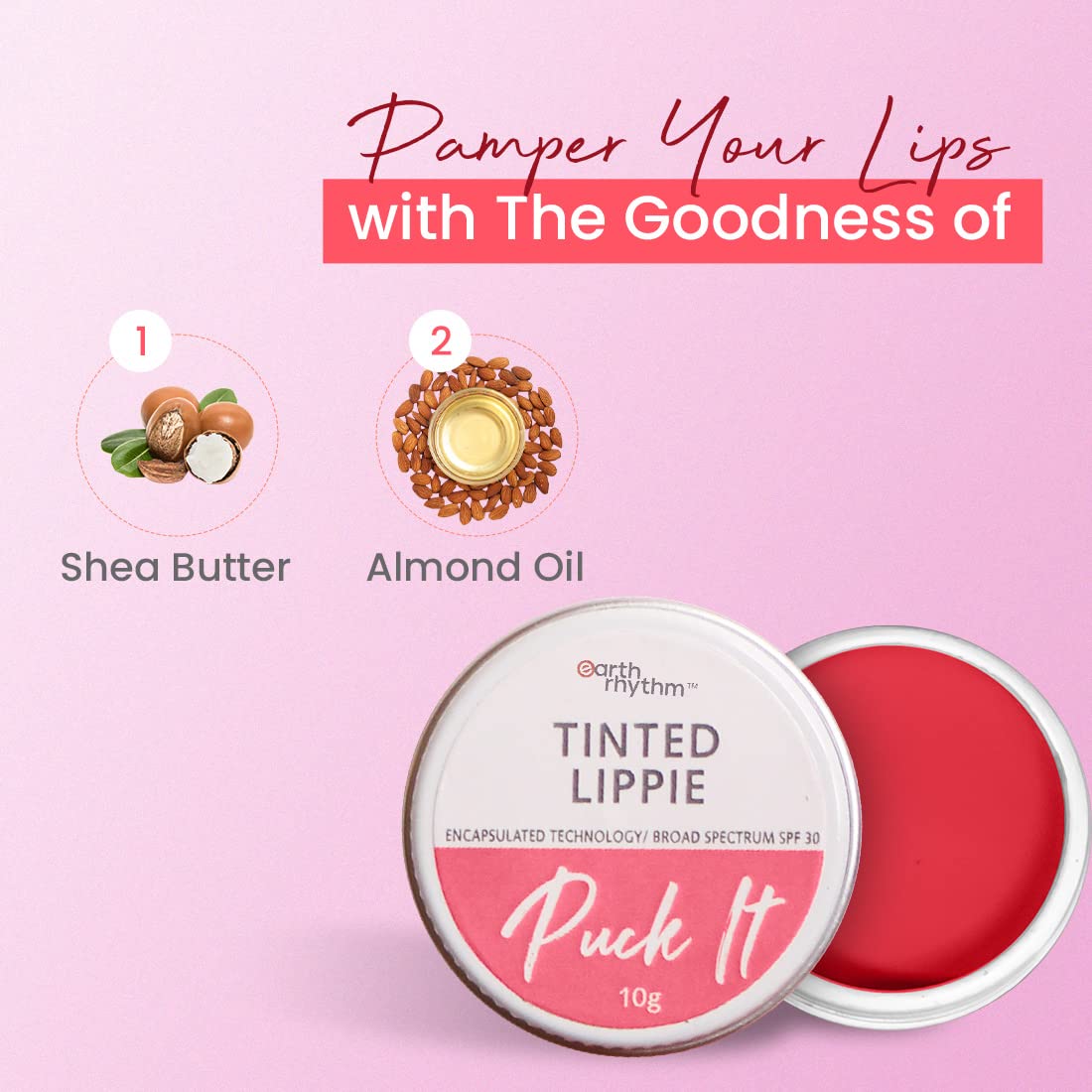 Earth Rhythm Tinted Lippies with SPF 30 - Rose Bud, Lip & Cheek Tint, Blush for Women Enriched with Shea Butter & Almond Oil, Chemical & Paraben free - 10g