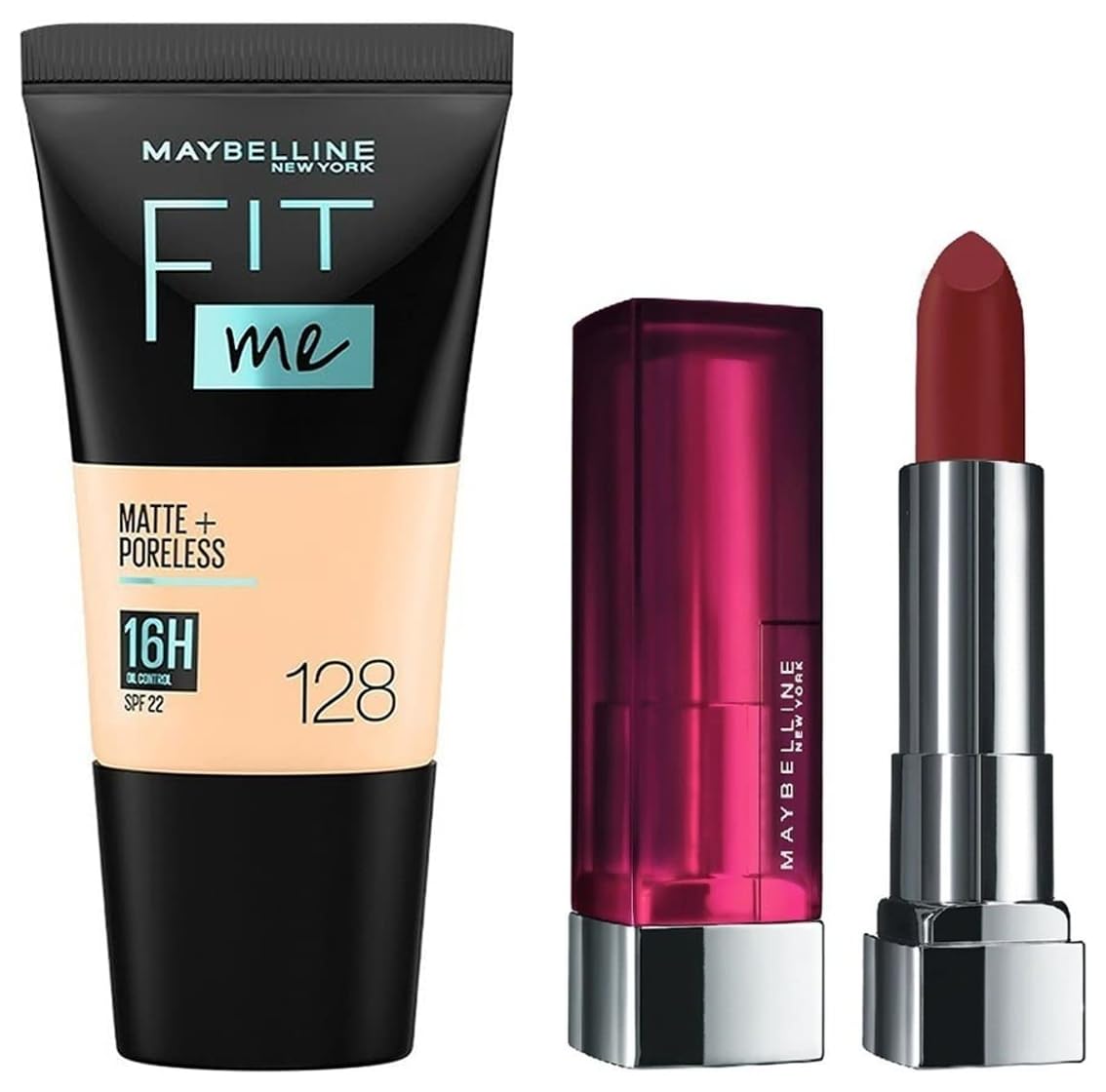 Maybelline New York Color Sensational Creamy Matte Lipstick, 696 Burgundy Blush, 3.9g and Maybelline New York Fit Me Matte+Poreless Liquid Foundation Tube, 128 Warm Nude, 18ml