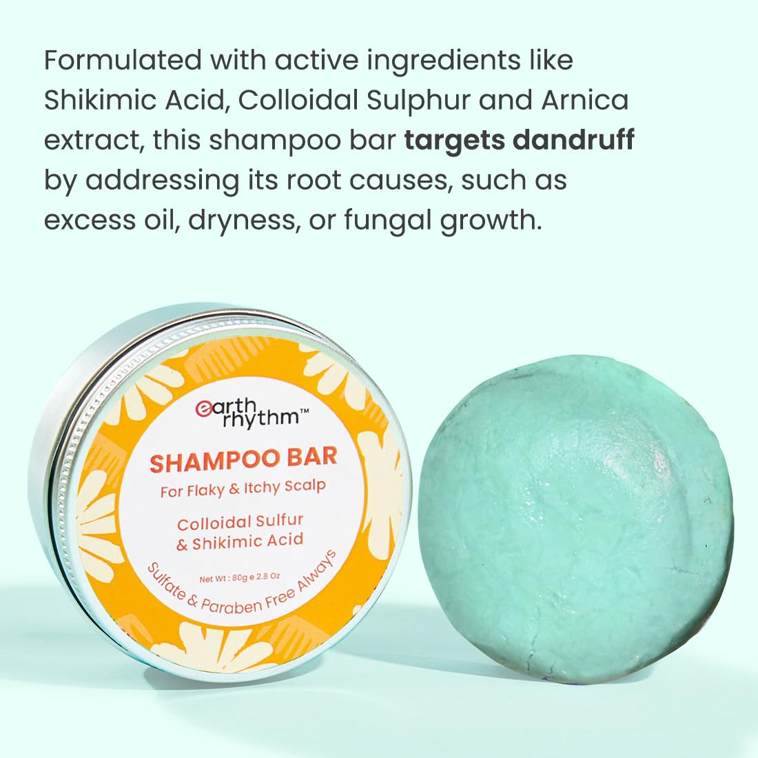 Earth Rhythm Anti-Dandruff Shampoo Bar for Itchy & Flaky Scalp | Men & Women | Contains Arnica Peppermint & Menthol Extracts | Sulphate & Paraben Free - 80 g (Tin)