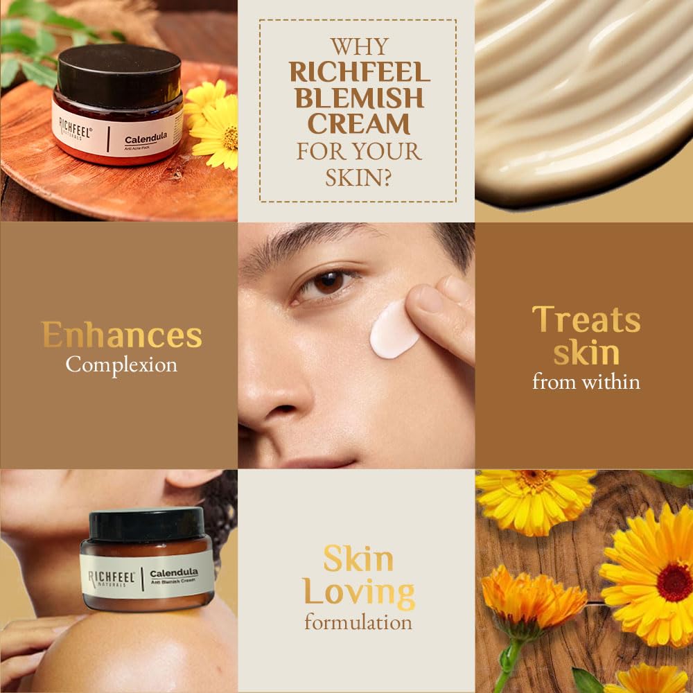 Richfeel Calendula Anti Blemish Overnight Cream | Power of Soothing Calendula & Clinically Potent Echinacea | For Skin prone to Acne, Blemishes & Scars | Physician Formulated 50g – Pack of 2