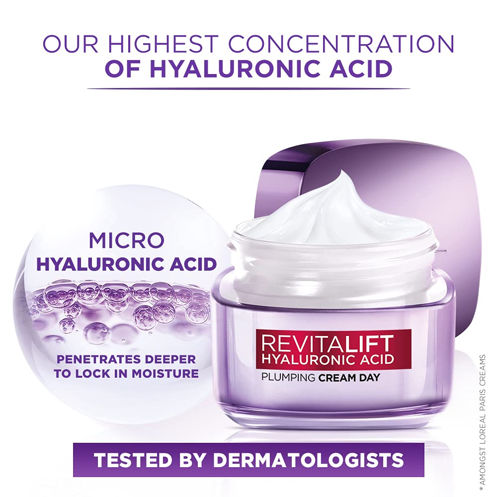 L'Oréal Paris Moisture Filling Shampoo, With Hyaluronic Acid, For Dry & Dehydrated Hair, Hyaluron Moisture 72H, 340ml & L'Oreal Paris Day Cream for Women Revitalift Hyaluronic Acid, 15ml