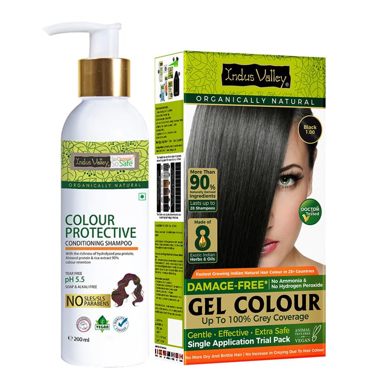 INDUS VALLEY Hair Color Trial Pack | Black With Colour Protection Shampoo (200 ml)