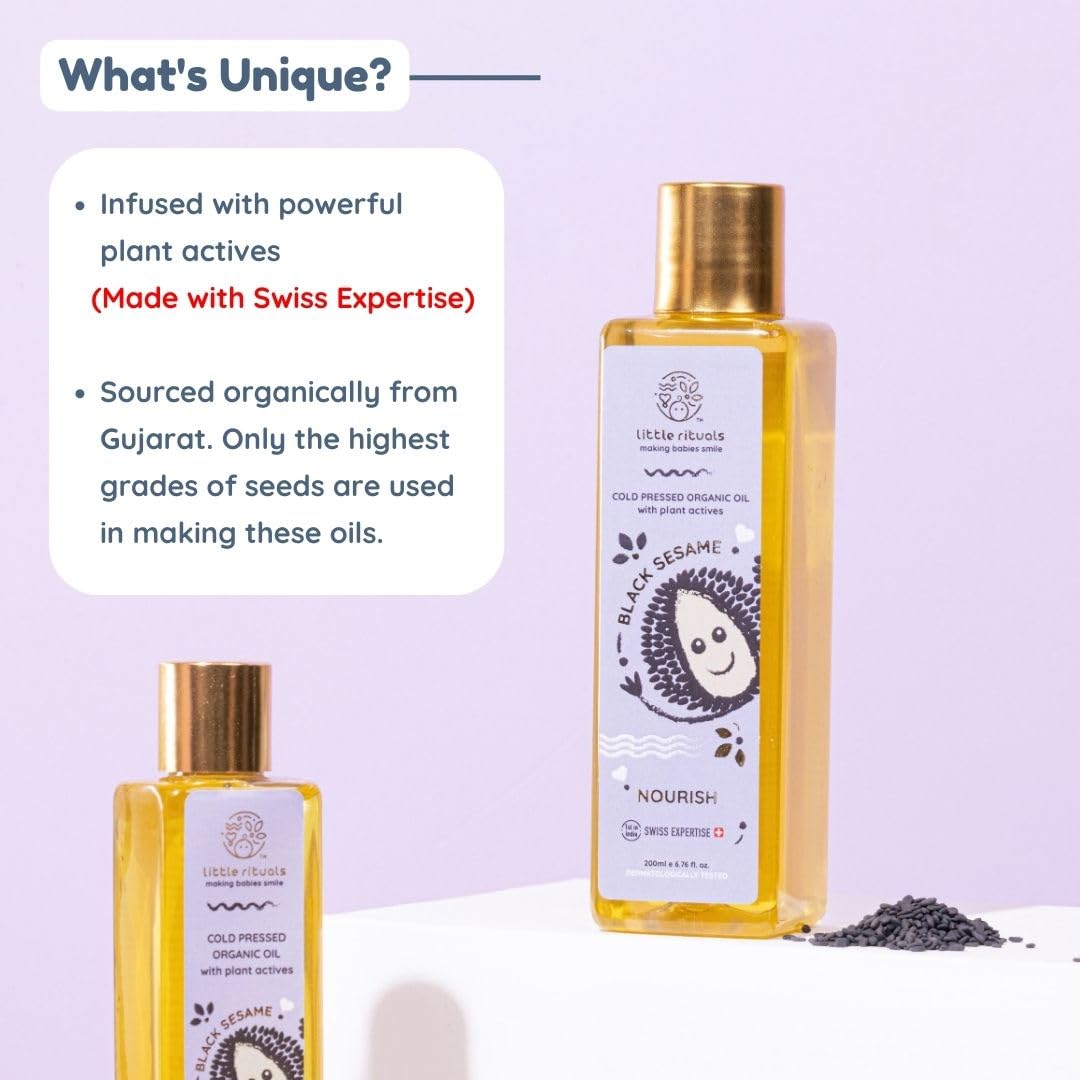 Little Rituals BLACK SESAME Baby Massage Oil and Hair oil, Cold Pressed and Certified ORGANIC with SWISS Plant Actives. Dermatologist Tested by Pediatrics, Mild & Gentle & Safe (100 ML)