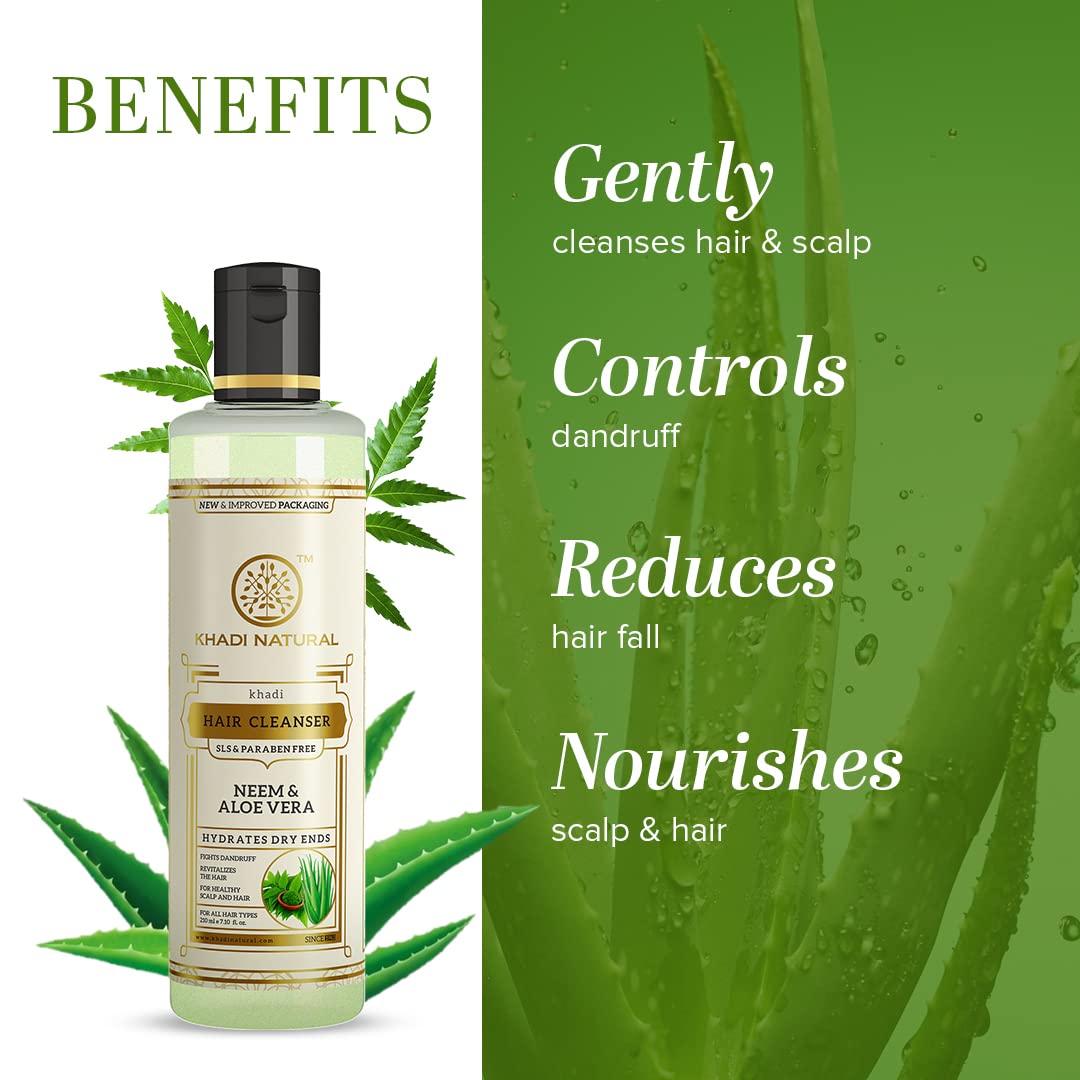 Khadi Natural Neem & Aloe Vera Herbal Shampoo | Anti Dandruff, Scalp Cooling | Strengthens Hair Roots | Supports Scalp Health| SLS and Paraben Free | 210ml