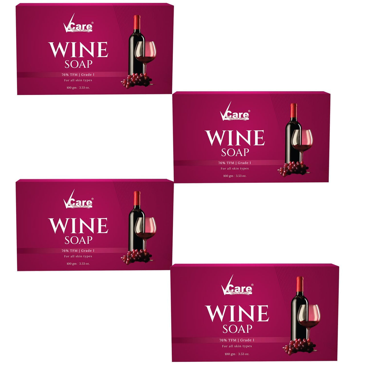 VCare Red Wine Bathing Bar/Soap for Body, Hand, Face 100 gm - Helps to Reduce Fine Lines and Wrinkles for Men and Women (Pack of 4)