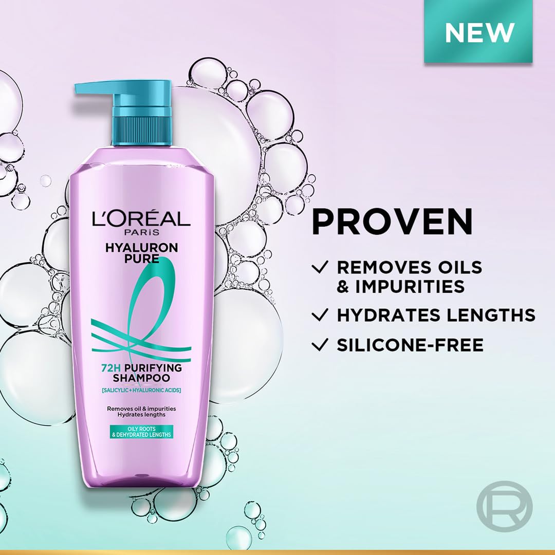 L’Oréal Paris Hyaluron Pure 72H Purifying Shampoo, For oily scalp & dry hair with salicylic and hyaluronic acid, 800 ml