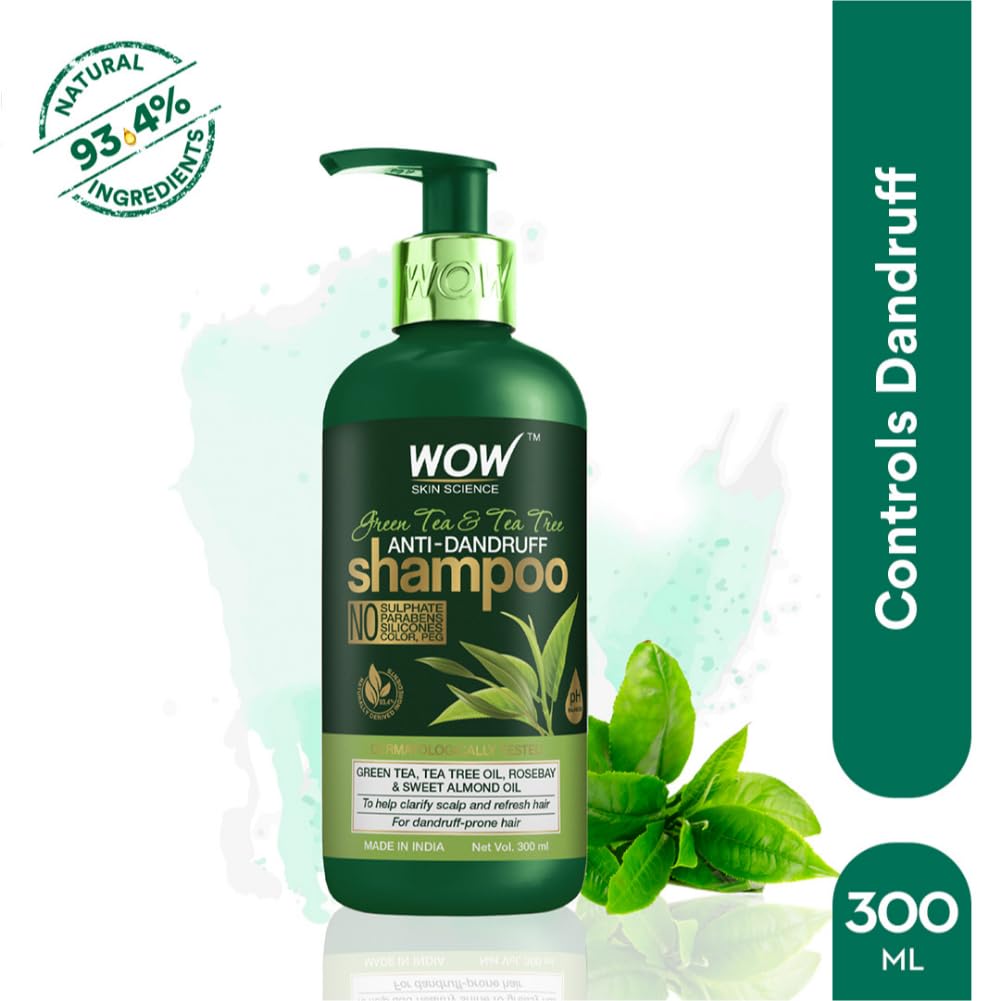 Wow Skin Science Green Tea & Tea Tree Anti-Dandruff Shampoo - No Sulphates, Parabens, Silicones, Color & Peg - 300 Ml