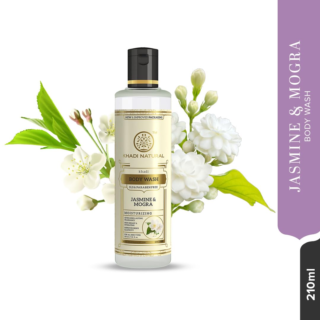 Khadi Natural Jasmine & Mongra Herbal Body Wash | Body Wash for Soft Skin | Hydrating Shower Gel with Pleasing Fragrance | SLS & Paraben Free | Suitable for All Skin Types | (210ml)