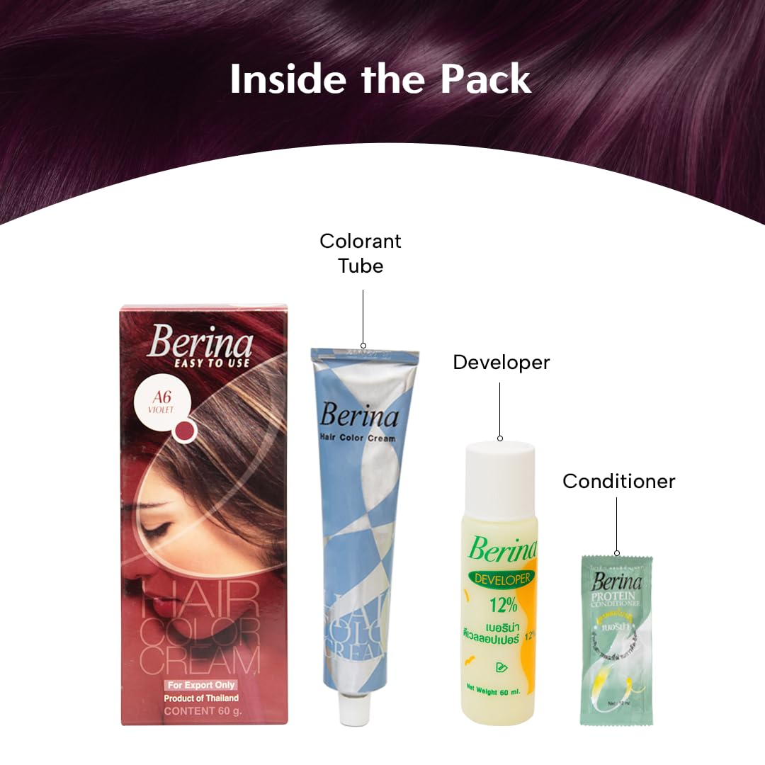 Berina Professional | Permanent Hair Color Cream | 60gm | A06 Violet | Long Lasting Color
