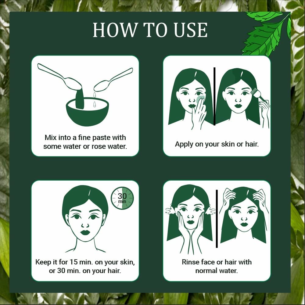 INDUS VALLEY Neem Leaf Powder | Organic Azadirachta indica With Herbal Henna Powder - 100% Organic, Natural and Pure For Hair and Skin Care (100g + 100g=200g)