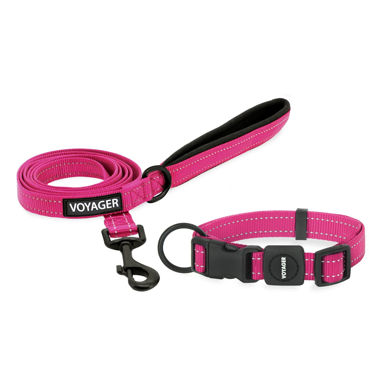 Voyager Reflective Dog Leash Collar Set with Neoprene Handle Supports Small, Medium, and Large Breed Puppies, Cute and Heavy Duty for Walking, Running, and Training - Fuchsia, M