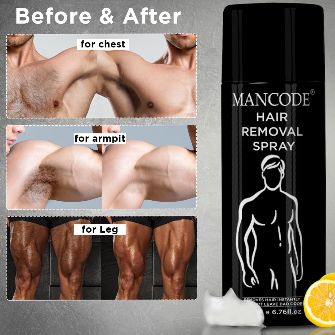 Mancode Hair Removal Cream Spray for Men, Hair removal spray for men, Painless Body Hair Removal for Back, Chest, Legs, Arms, Underarms & Intimate Areas, Fast Acting in 3-6 Minutes (200 ml)