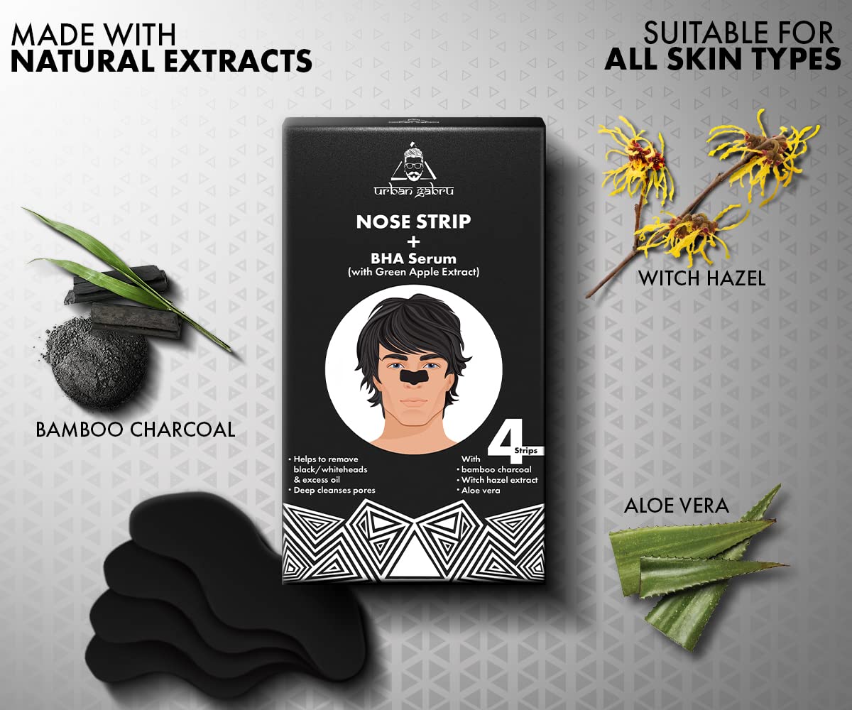 UrbanGabru Nose Strip with BHA Serum | Nose Strips for Blackhead, Whitehead Remover (4 Strips) | Pore Cleanser | with Natural Aloe Vera & Witch Hazel Extracts