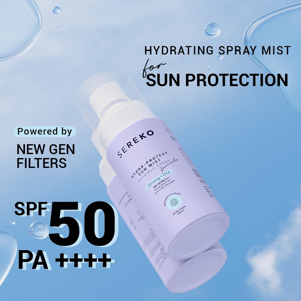 Sereko Hydra-Protect Face Sunscreen Spray SPF 50 PA++++ for Women & Men | Invisible, Non-Greasy & Quick-Absorbing | 24-Hour Hydration & Instant Cooling | UVA+UVB & Blue Light Protection | All Skin Type