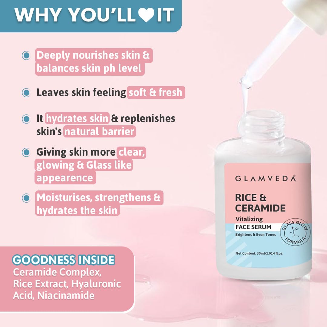 Glamveda Rice & Ceramide Morning 4 Step Skincare Routine For Women with Gift Box | Face Wash, Serum, Moisturizer & Sunscreen