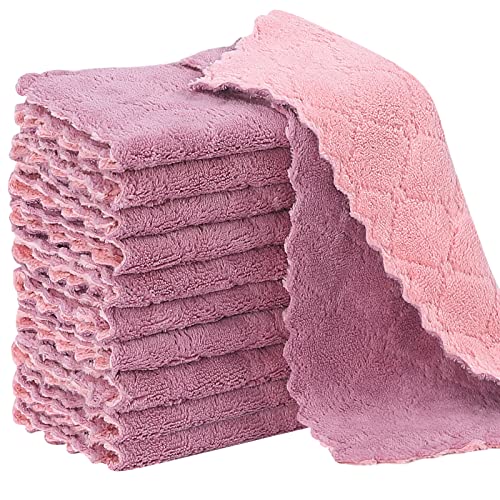 Rachan 11Pack Kitchen Dish Cloths, Reusable Dish Towels, Nonstick Oil Washable Fast Drying, Super Absorbent Coral Velvet Cleaning Cloths for Cleaning Tableware, Kitchen, Bathroom (Pink - green10 x 6")