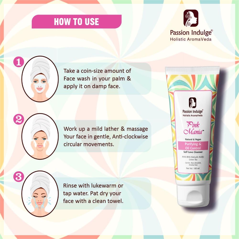 Passion Indulge Pinkmania AHA-BHA Cleanser with 1% Salicylic Acid & Moisturizer For Face | Purifying & Oil Controlling with Turmeric & Green Tea