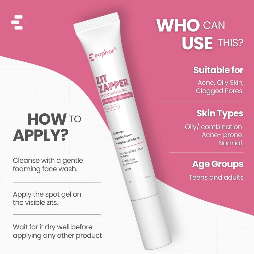Euphor Teens | Acne Spot Corrector | ZIT ZAPPER Gel | Soothing, Invisible and Non-drying | Anti-Acne, Blackhead remover | Oily and Acne-prone Skin | 2% Salicylic Acid, Neem Extract, Zinc PCA, Niacinamide | PEG-free, Paraben-free, Sulphate-free | For 15yr+