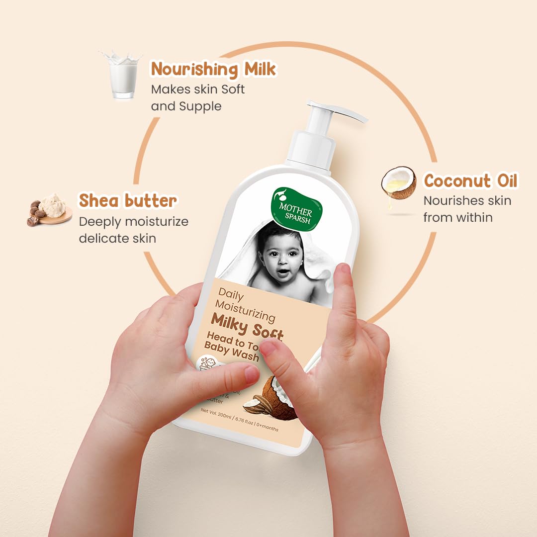 Mother Sparsh Milky Soft Head to Toe Baby Wash -200ml with Milk Protein & Shea Butter | Tear Free 2 in 1 Natural Body Wash & Shampoo for Babies