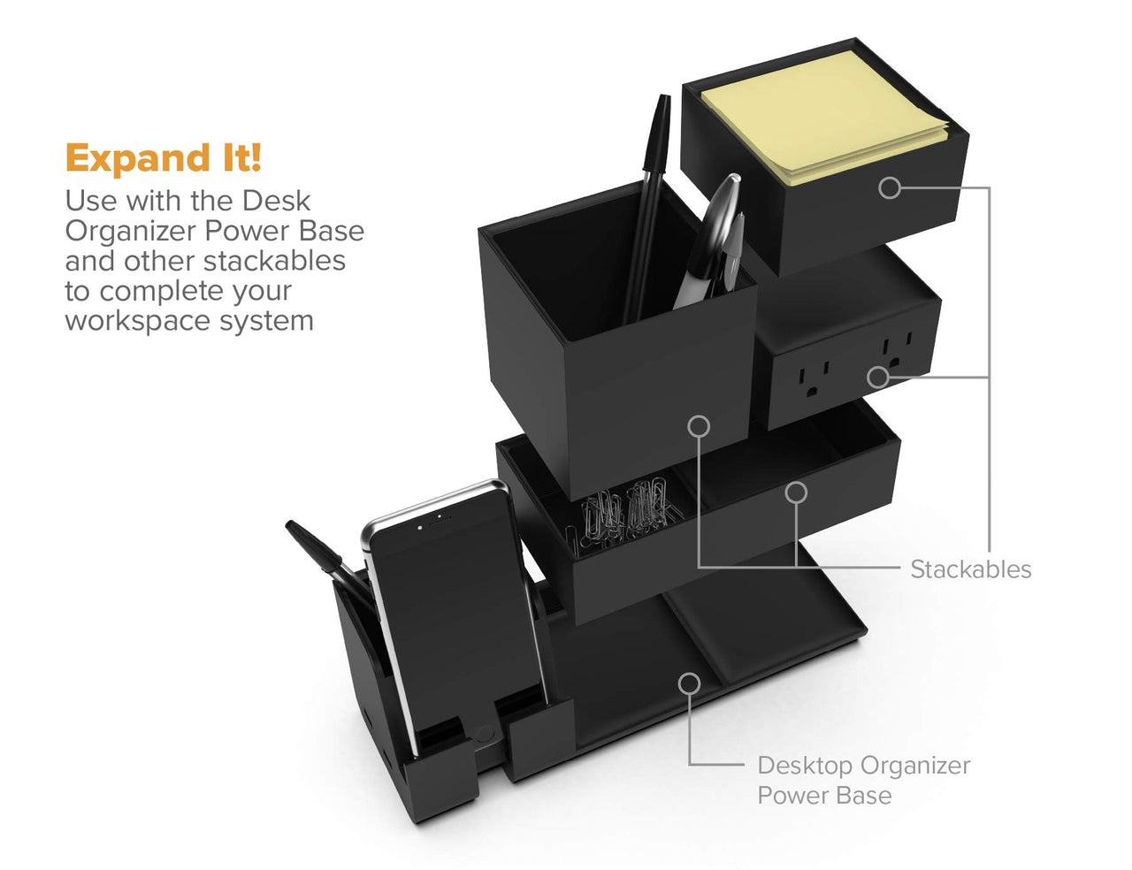 Bostitch Office Konnect Desk Organizer Accessory Tray & Storage Cup Bundle, Stacks for Desktop Storage, Black Storage Cup Kit