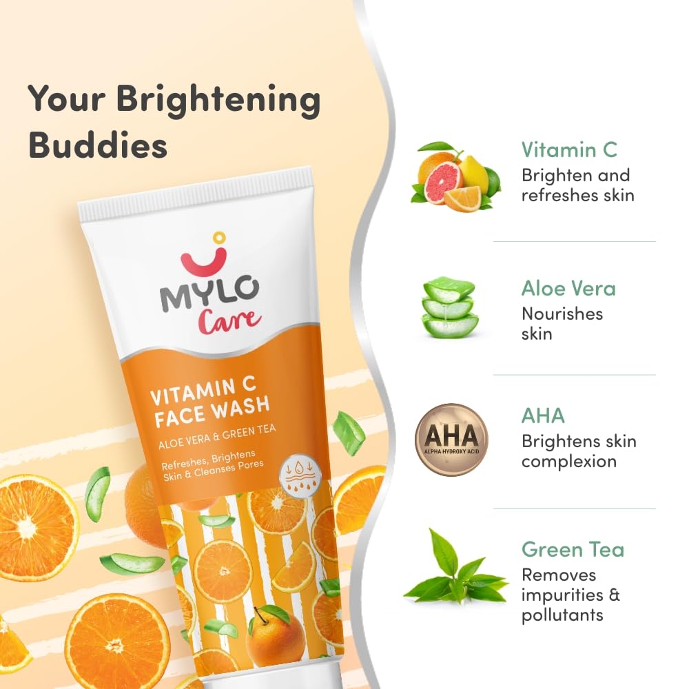 Mylo Care Vitamin C Refreshing & Brightening Face Wash - With Aloe Vera, Green Tea & Sugarcane Extracts - Hydrating Face Wash for Glowing Skin - Vitamin C Foaming Face Wash for All Skin Types -100ml