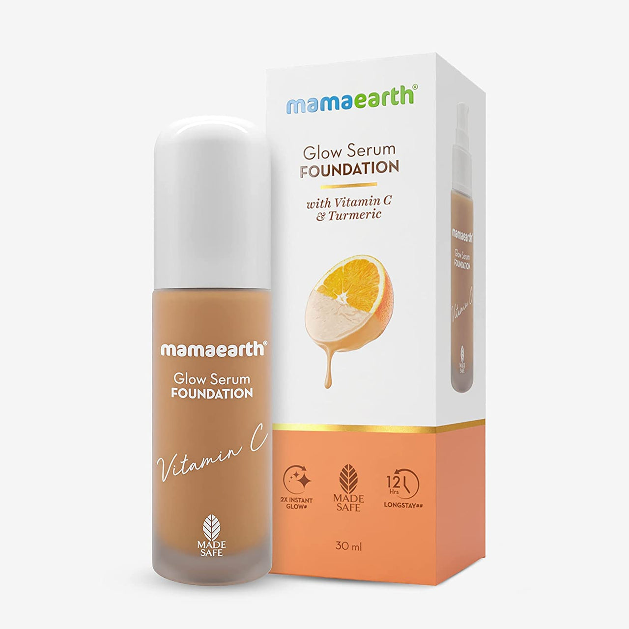 Mamaearth Glow Serum Matte Light Coverage Foundation Creamy With Vitamin C & Turmeric For 12-Hour Long Stay for All Skin types- 09 Warm Glow - 30 Ml