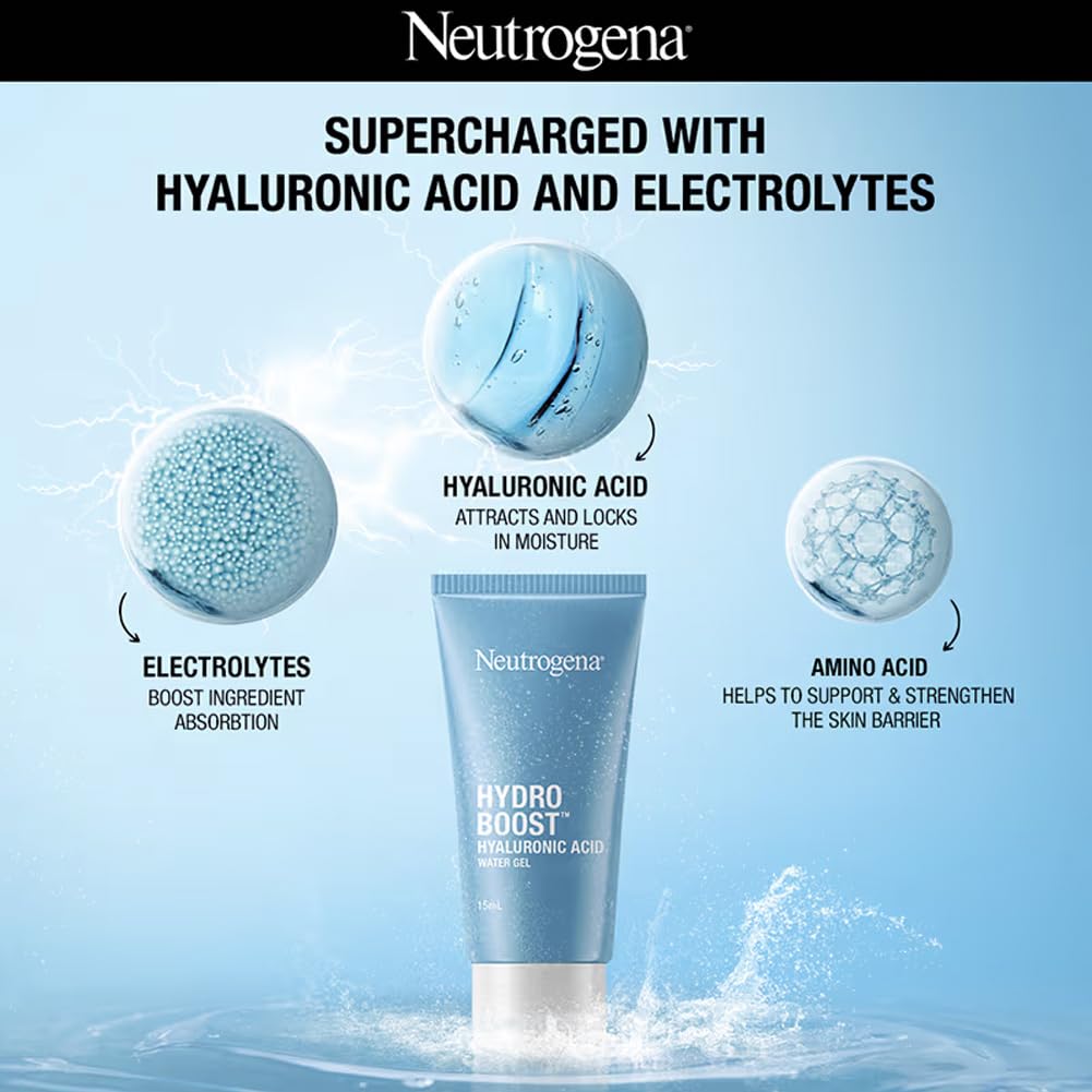 Neutrogena Hydro Boost Hyaluronic Acid Face Moisturizer 15ml | 24 hours long lasting Hydration | Oil free non sticky light water gel fast absorbing| Daily use | All Skin Types | For Men & Women 15g