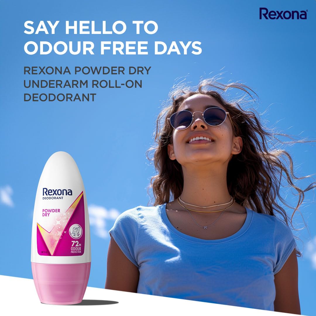 Rexona Powder Dry Underarm Roll On Deodorant For Women, Antiperspirant, Removes Odour, Keeps Skin Fresh & Clean, Alcohol Free, Skin Friendly, 50ml (Pack of 2)