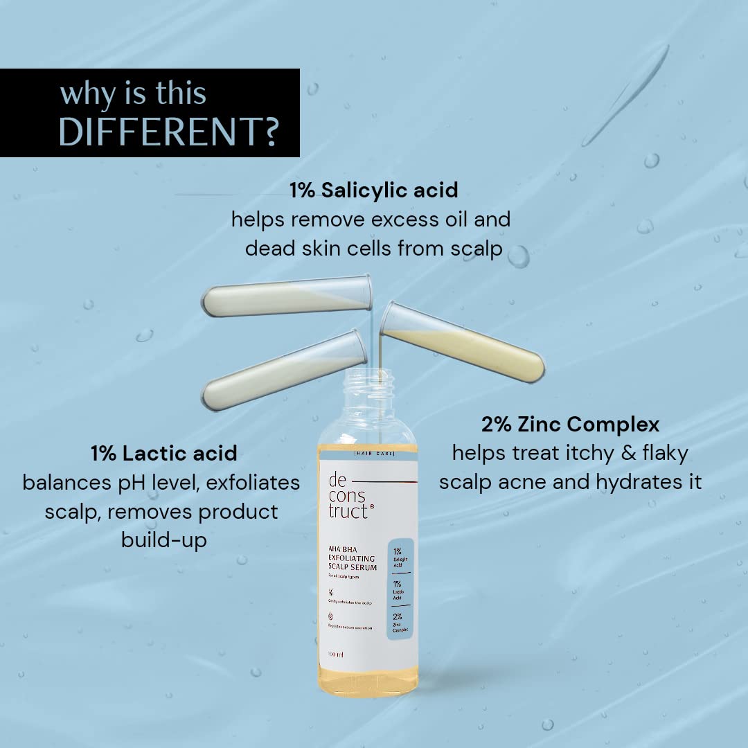 Deconstruct Aha Bha Exfoliating Scalp Hair Serum | Contains 1% Salicylic Acid + 1% Lactic Acid + 2% Zinc Complex | Water-Based Serum | For Greasy Scalp |Fights Scalp Acne | 100Ml