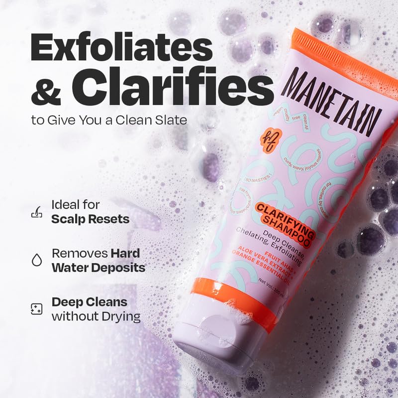 MANETAIN Clarifying Shampoo 100ml for Curly Hair | Sulphate & Paraben Free | Exfoliating & Non-Drying Formula with Fruit-Based AHAs for Curly, Frizzy, and Oily Hair | Safe for All Hair Types