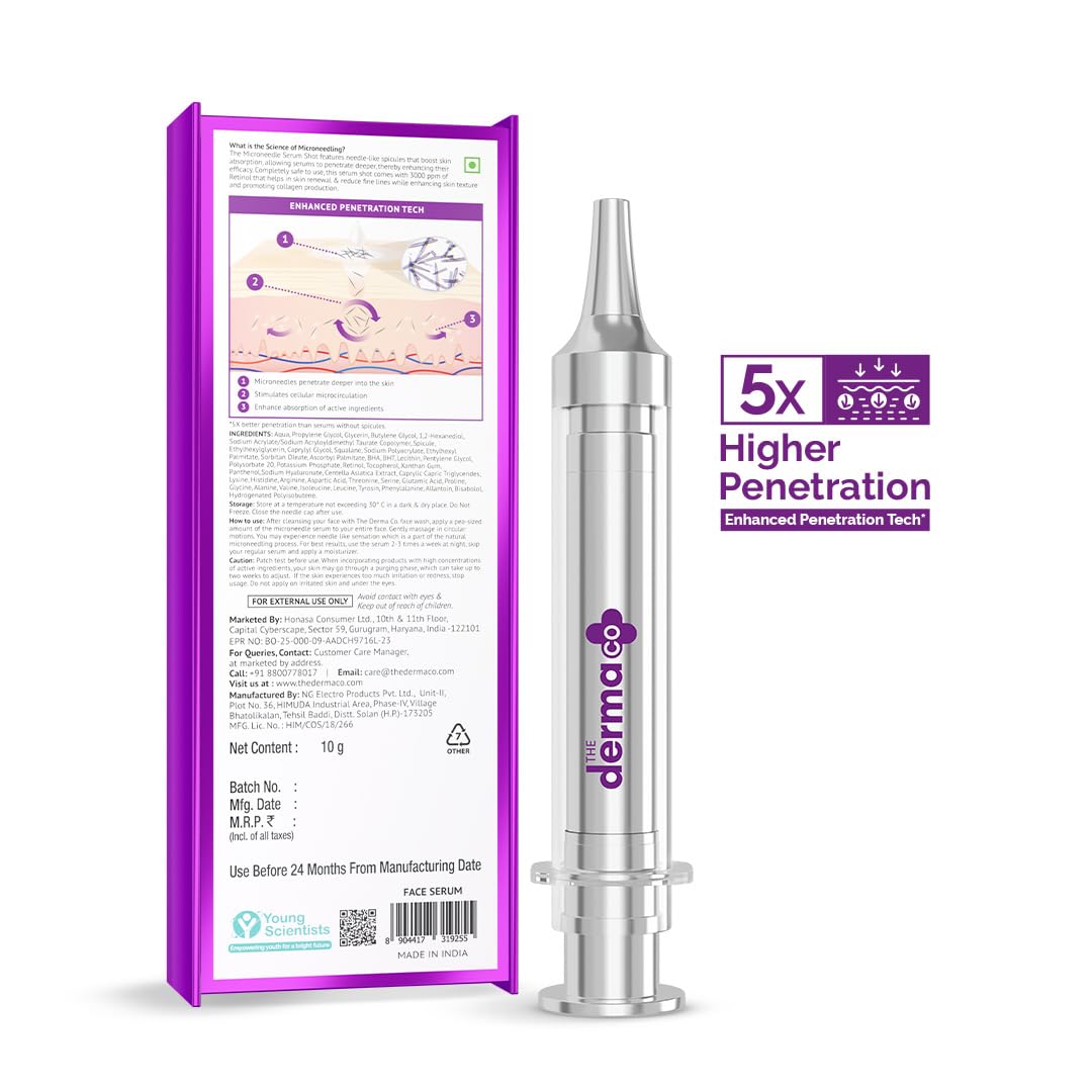 The Derma Co. 3000 PPM Retinol Microneedle Face Serum Shot with Squalane, Panthenol & Hyaluronic Acid | For Skin Renewal | 5x Higher Penetration | Enhances Collagen Production | Anti-Ageing | Reduces Wrinkle & FineLines | 10 g