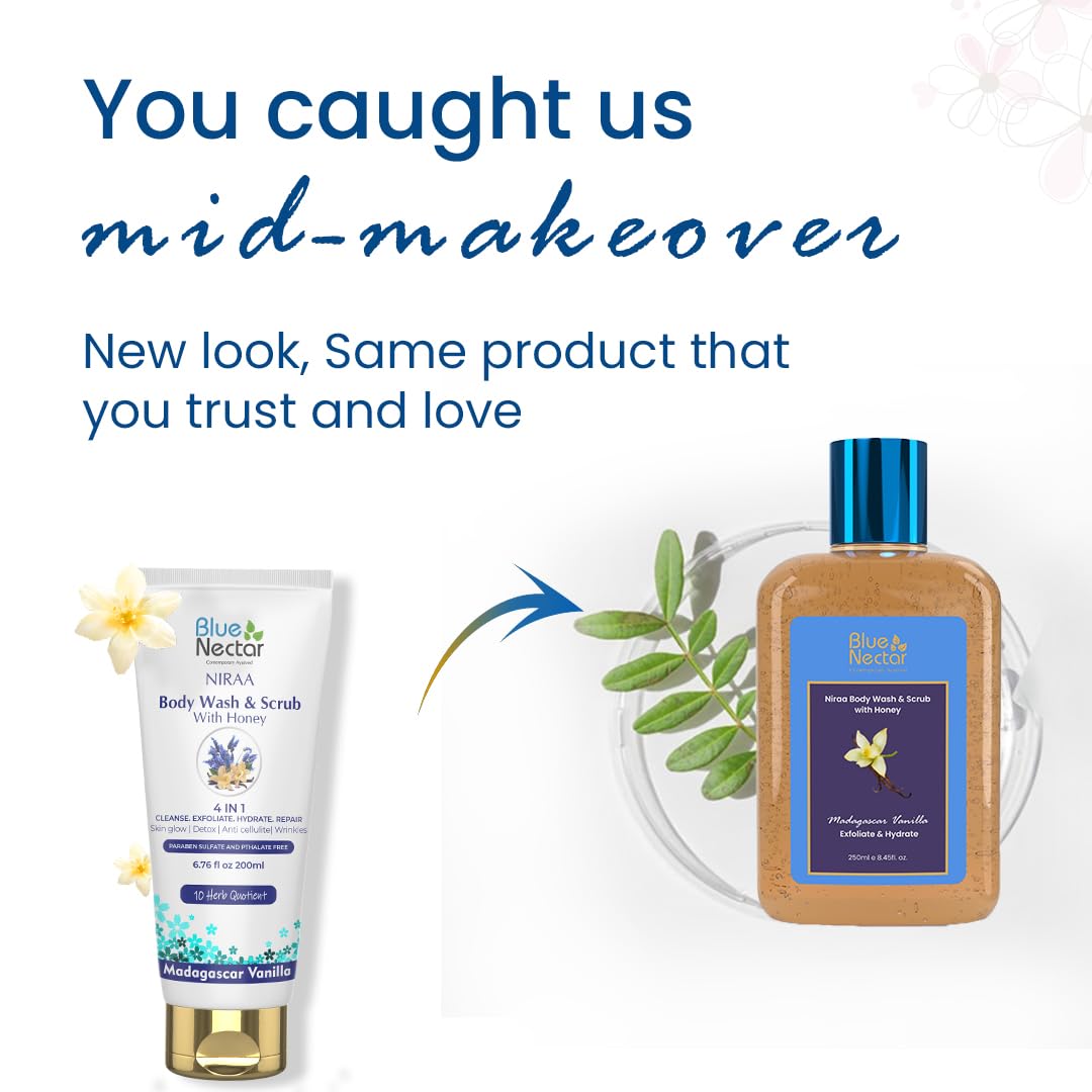Blue Nectar Exfoliating Body Wash & Scrub for Rough & Bumpy Skin | Madagascar Vanilla Tan Removal Body Scrub for Women & Men (10 herbs, 250ml)