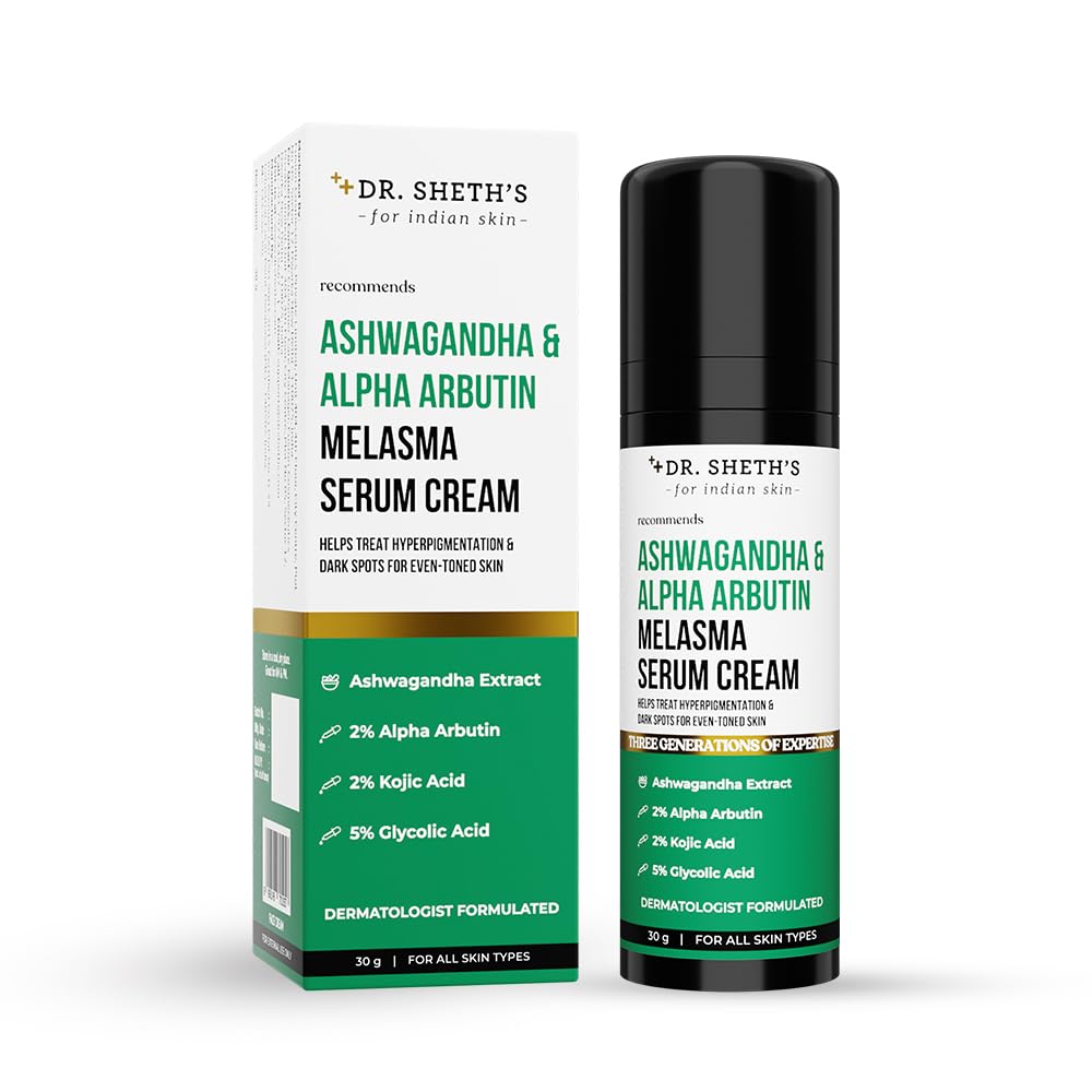 Dr. Sheth's Ashwagandha & Alpha Arbutin Melasma Serum Cream- 30G |For Hyperpigmentation, Dark Spots & Sun Damage|Even Toned & Blemish Free Skin|Enriched With Glycolic Acid, Kojic Acid & Niacinamide