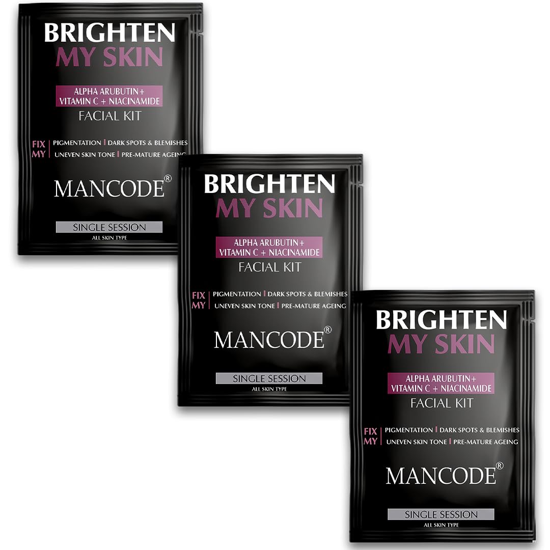 Mancode Brighten My Skin Facial Kit For Men | Salon-Like Glowing Skin In 6 Easy Steps | Improves Skin Texture | Instant Glow | Suitable For All Skin Types - 3 x 58 G (Pack of 3)
