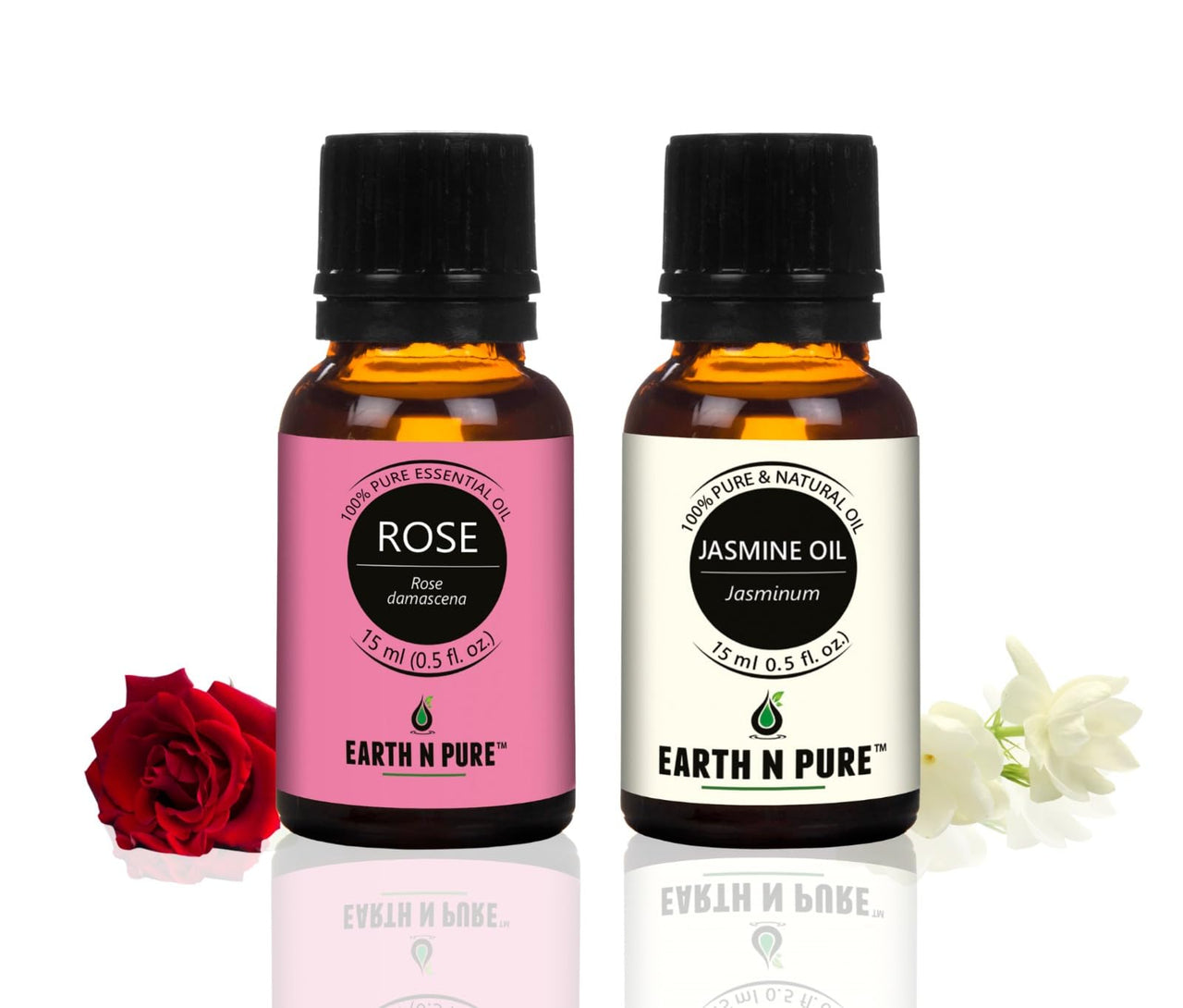 Earth N Pure Jasmine Essential Oil and Rose Essential Oil Pack of 2-15ml for Aromatherapy, Skincare and Home Fragrances