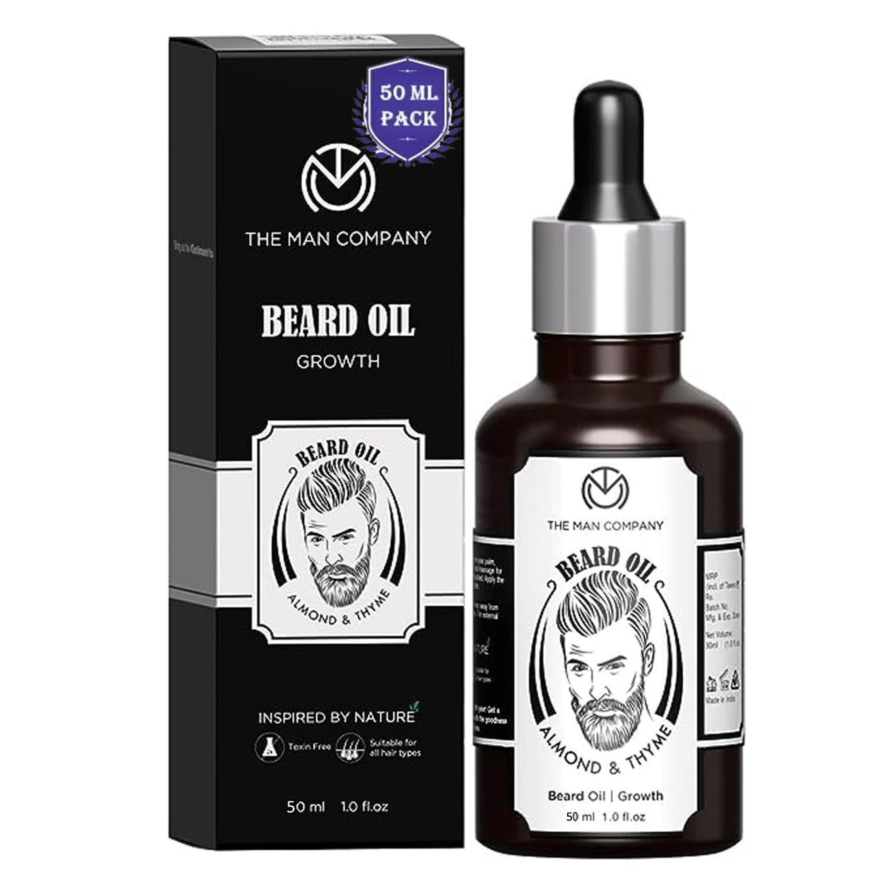 The Man Company 100% Natural Beard Oil - 50 ml with Almond & Thyme for Faster, Thicker & Longer Beard | Best Beard Growth Oil for Men, Nourishes & Strengthens Uneven Patchy Beard