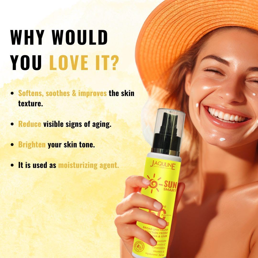 Jaquline USA Sun Smart Sunscreen Spray SPF 50 PA++++ | Dermatologically Tested | Lightweight with Multi-Vitamins | No White Cast | Blue Light Protection | Benzophenone Free |Broad Spectrum | For Women & Men | 100ml